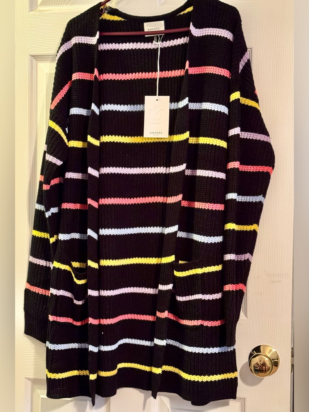 ANDREE BY UNIT Black Open-Front Cardigan with Pastel Stripes